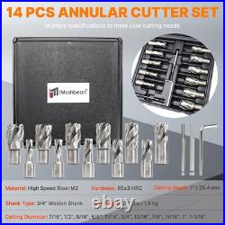 14Pcs HSS Annular Cutter Set Weldon Shank Magnetic Drill Bits 1D with2 Pilot Pins