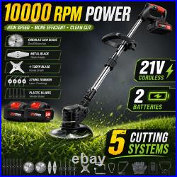 21V Cordless Weed Wacker 10000RPM 2 Battery 5 Blade Grass Trimmer Kit