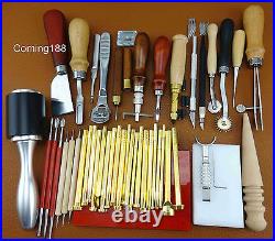 45PC LEATHER CRAFT STAMPING PUNCH TOOL SET KIT Hammer Swivel Cutter Sponge Plate