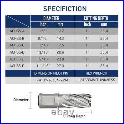 6pcs High Speed Steel Annular Cutter Set with 1 Cutting Depth & Pilot Pins