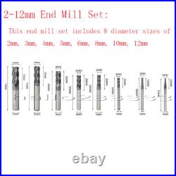 8PCS 2-12MM 4 Flutes End Mill HRC50 Carbide Tungsten Milling Cutter Set CNC Tool