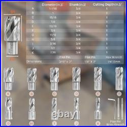 Annular Cutter Set 6/11Pcs HSS Mag Drill With 2 Pilot Pins & 1 Depth Weldon Shank