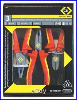 C. K Redline VDE Insulated Pliers 3 Piece Set Cutters Snipe Nose Red/Yellow T3805