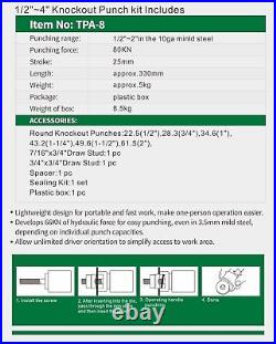 Hydraulic Knockout Punch Electrical Conduit Hole Cutter Set KO Tool Kit