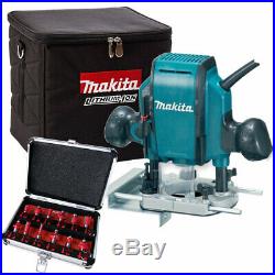 Makita RP0900X 1/4/3/8 Plunge Router In Case 110V + Cube Bag & 12pc Cutter Set