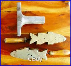 RARE Antique Millinery Lg. Fish Iron Tool Mold Bronze Antique Cutter Set 5 Piece