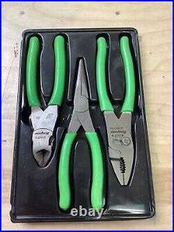 Snap On Tools New PL300CFG GEEN Soft Grip 3 Piece Pliers / Cutters Set With Tray
