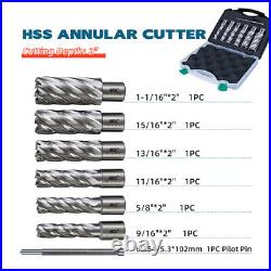 US Stock 2 HSS Annular Cutter Set 7pcs for Mag Drill Press 9/16 to 1-1/16 Dia