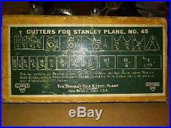 Vintage Stanley No. 45 Plane With Accessories & 23 pc Cutter Set & Wood Toolbox